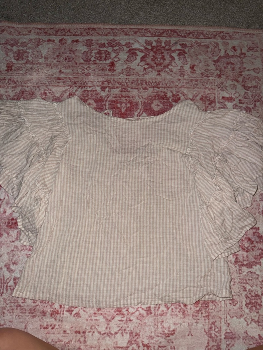 Woven Striped Ruffle Sleeve Top - Cream Pink